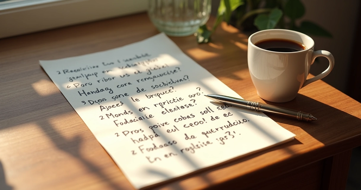 Papel e caneta sobre uma mesa, com anotações reflexivas 