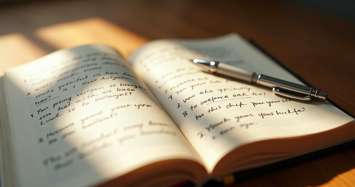 Caderno aberto com perguntas reflexivas escritas à mão e uma caneta apoiada ao lado 