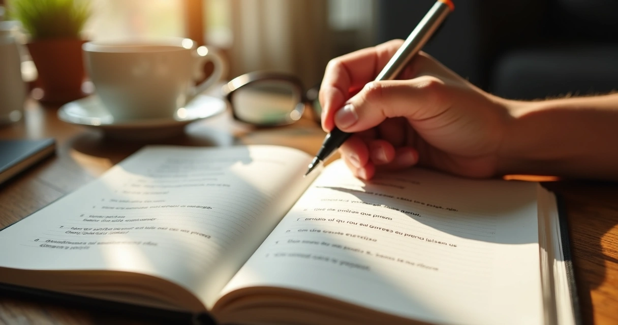 Caderno aberto com perguntas escritas à mão e uma caneta 