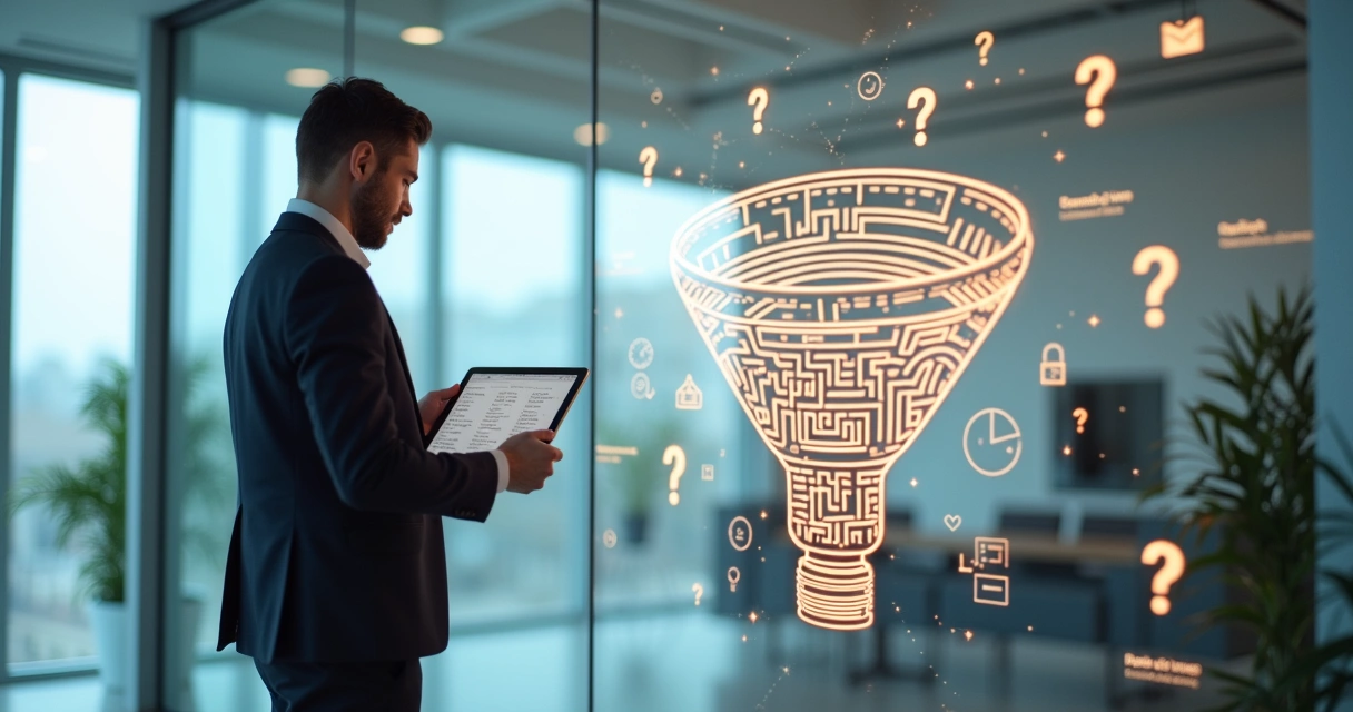 Gestor analisando labirinto em formato de funil de atendimento comercial 