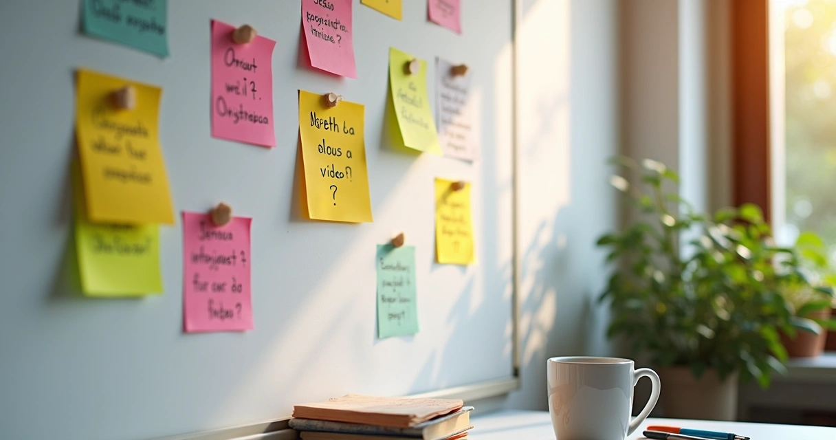 Quadro branco com perguntas para roteiros de vídeo 
