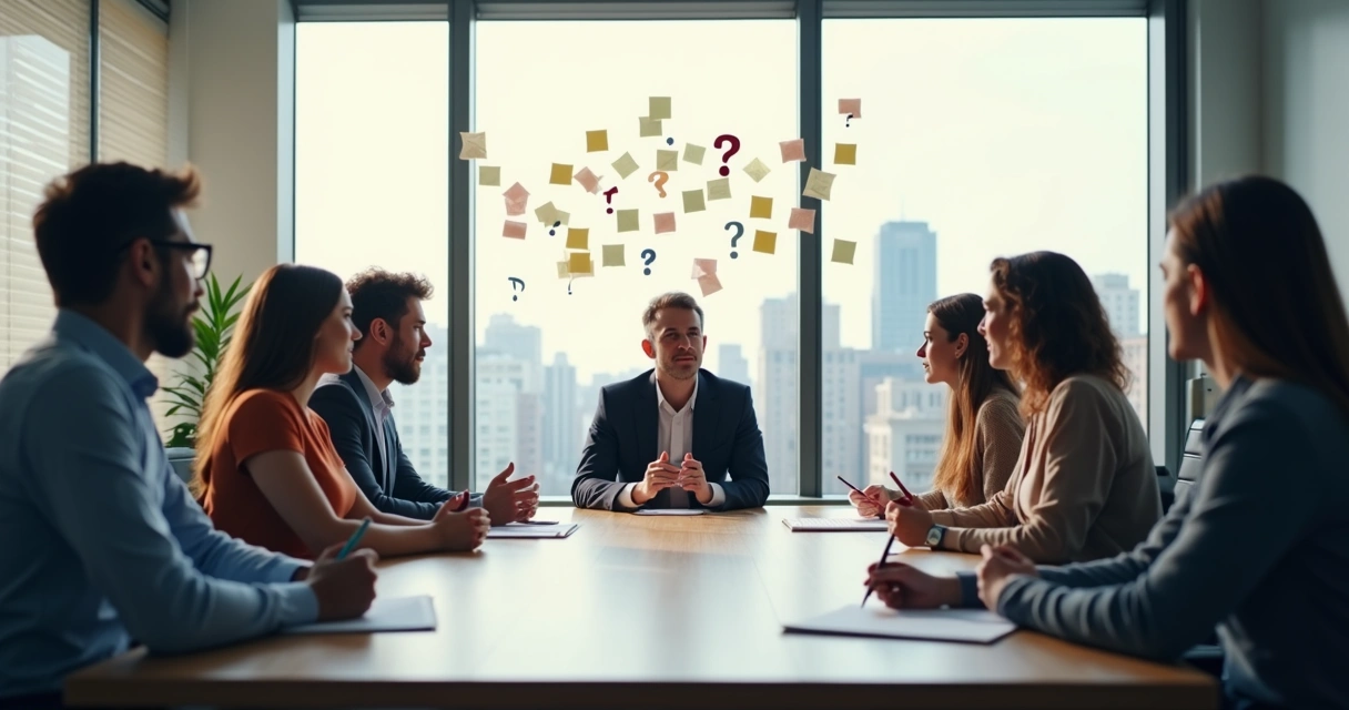 Pessoas reunidas fazendo perguntas em reunião empresarial 