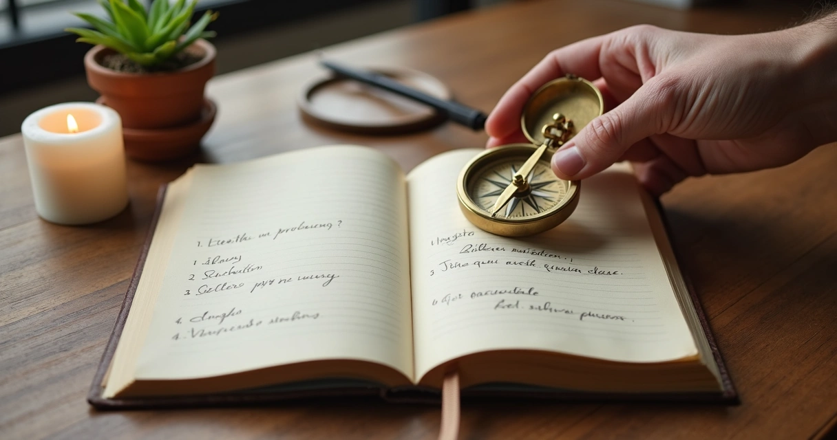 Mão segurando bússola sobre caderno com perguntas escritas à mão 