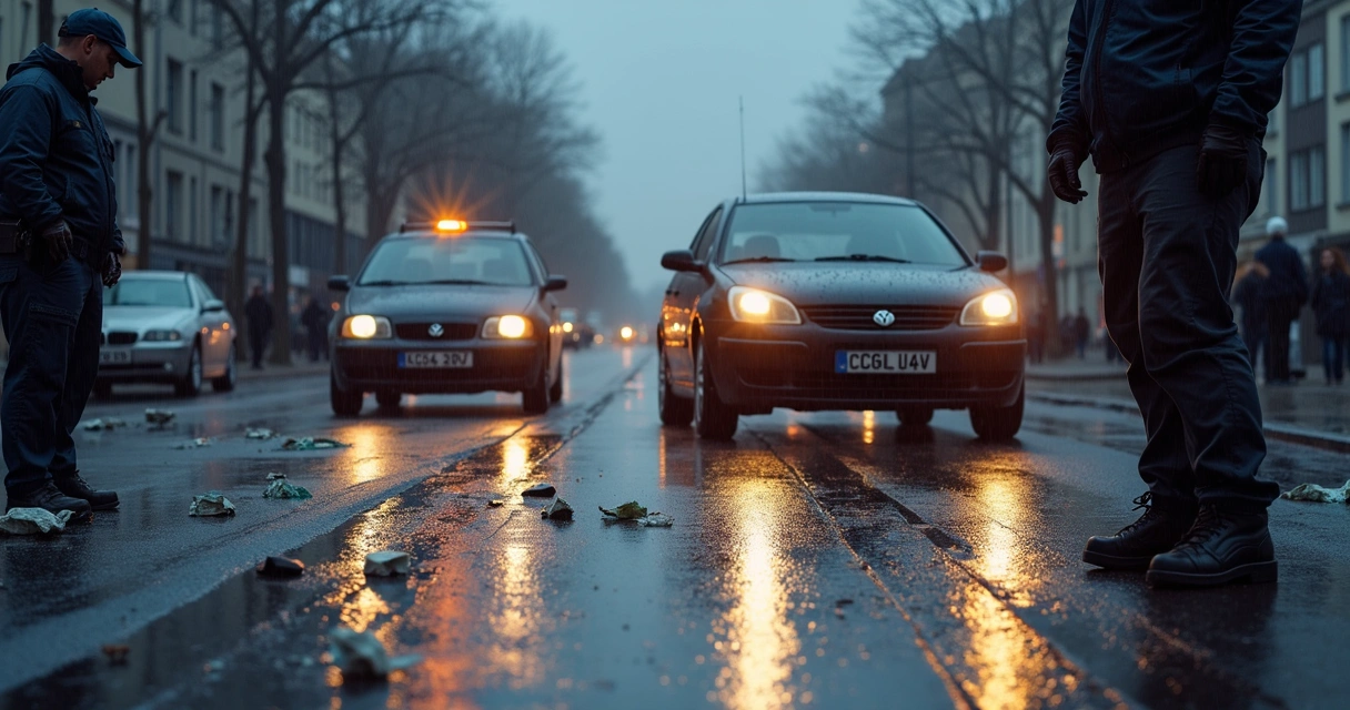 Equipe de peritos analisando marcas de frenagem em um asfalto úmido após acidente 