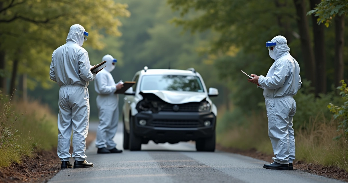 Equipe pericial analisando local de acidente ambiental e tráfego 