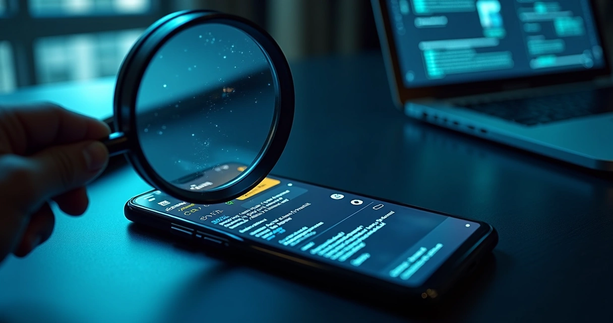 Tela de celular com dados periciais e lupa sobre interface de aplicativo