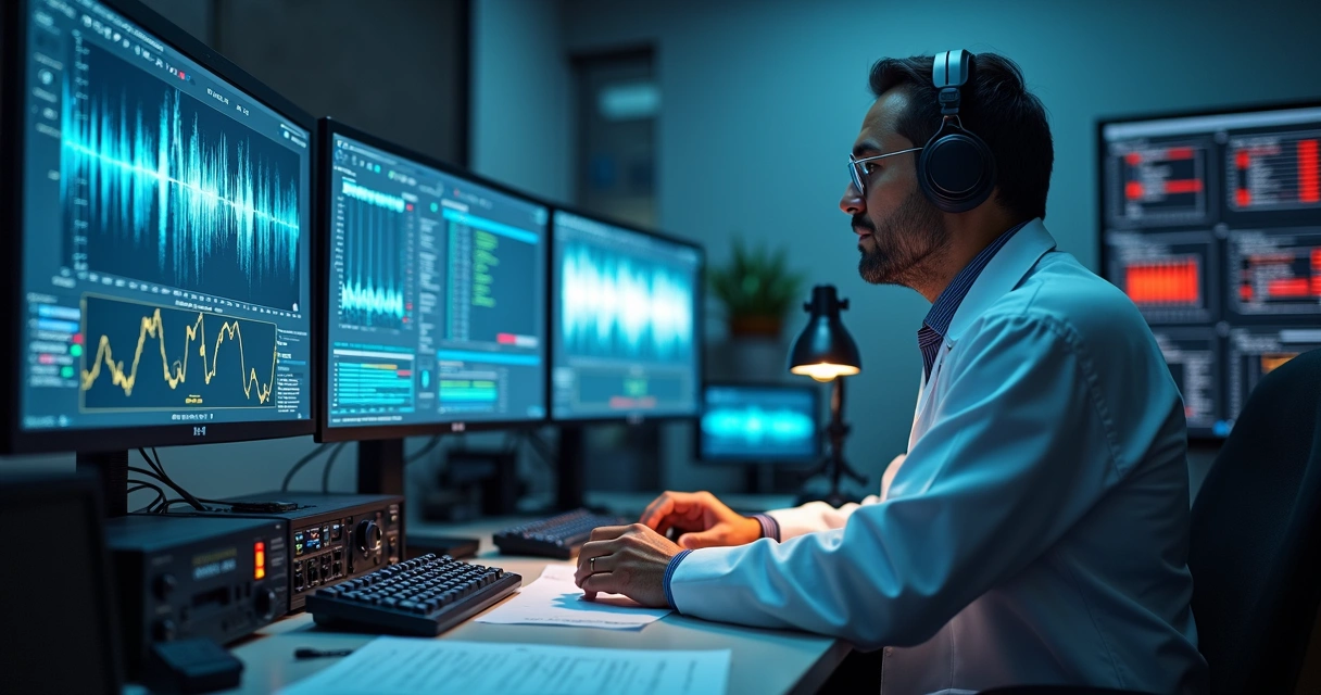 Equipamentos de perícia de áudio em mesa de trabalho 