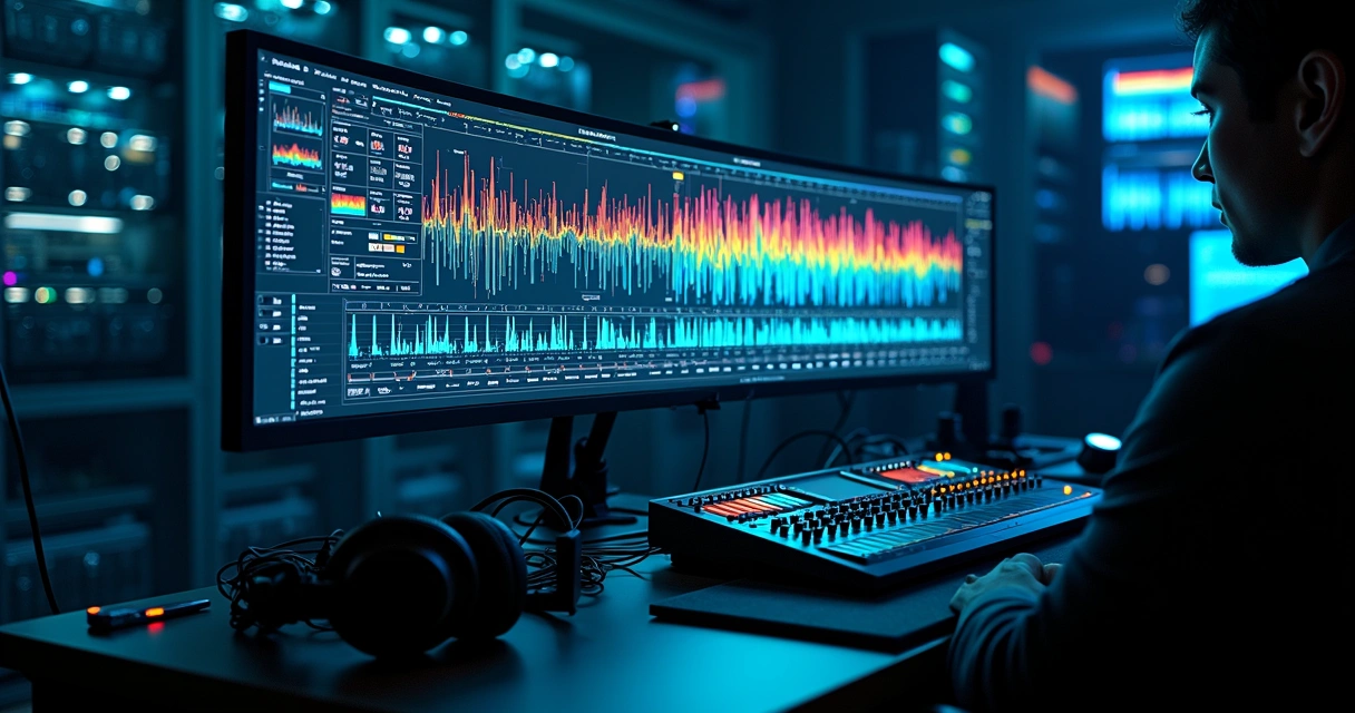 Análise pericial de áudio e vídeo com ondas sonoras e quadros de filmagem em tela grande 