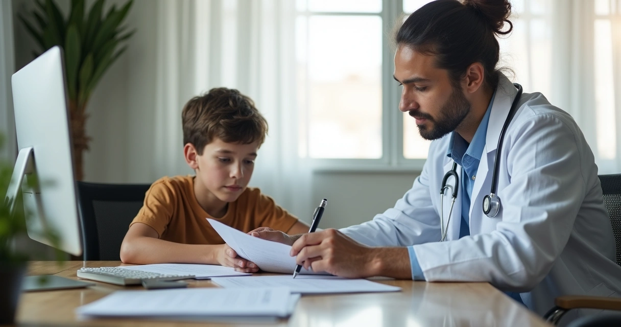Profissional de saúde realiza perícia médica com adolescente autista e responsável 