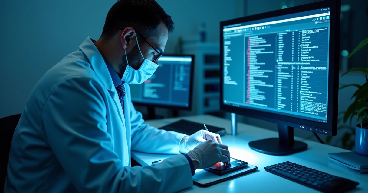 Técnico pericial analisando evidência digital em ambiente controlado 