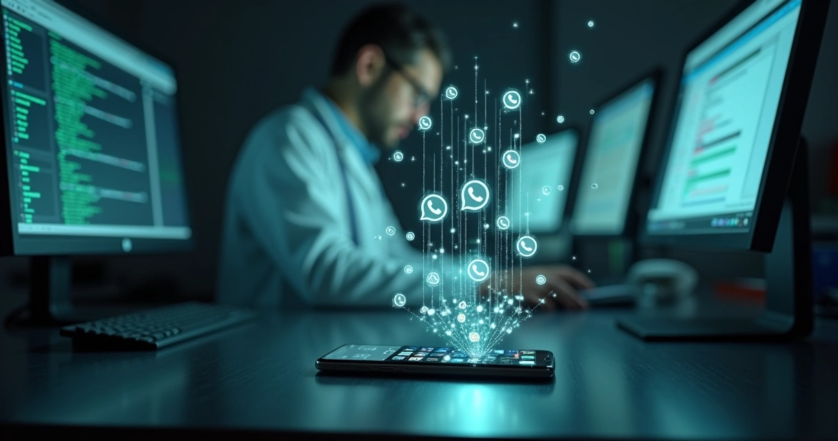 Técnico analisando celular com ícones do WhatsApp em tela escura 