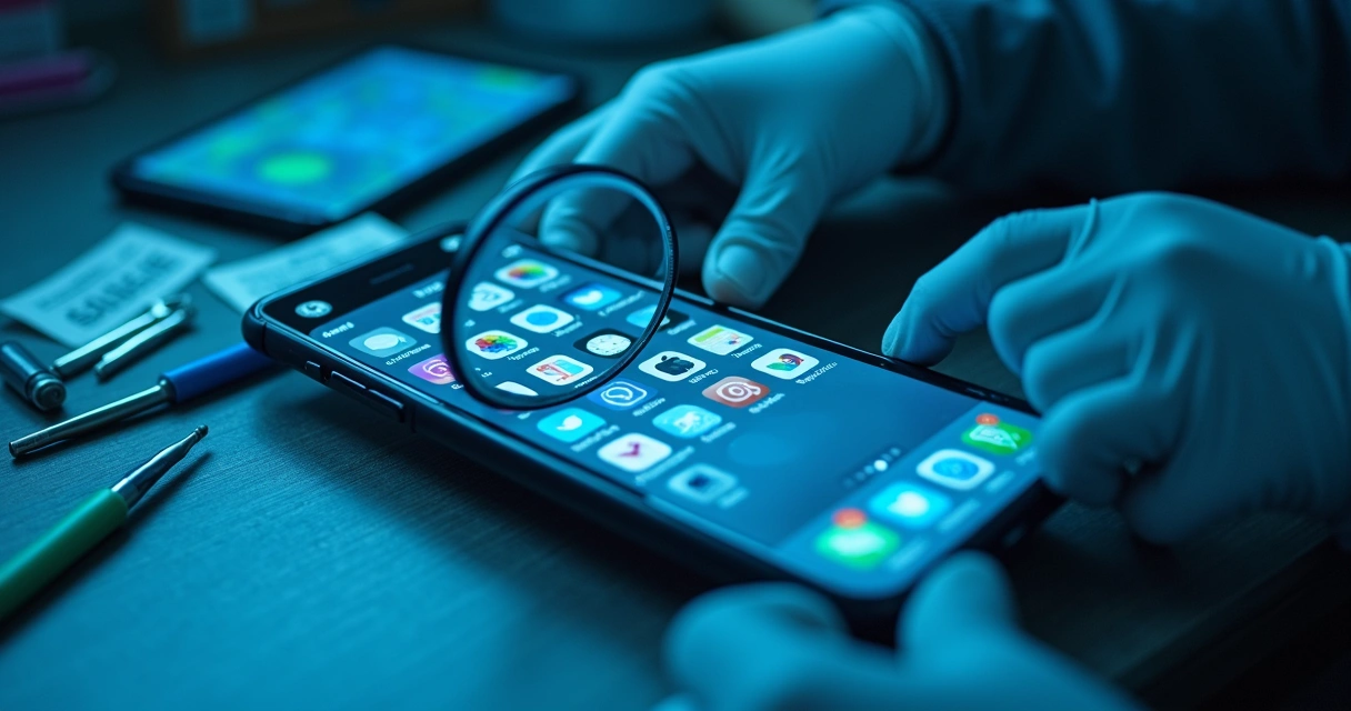 Celular exibindo aplicativos de redes sociais sendo analisado em bancada por expert 