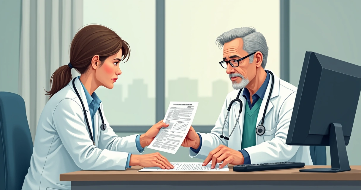 Pessoa em consulta médica mostrando documentos 