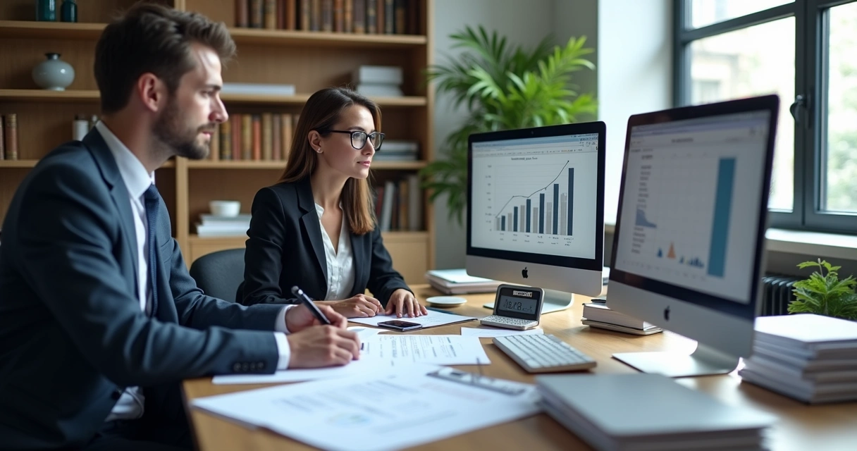 Perito contador analisando documentos contábeis e financeiros em mesa de trabalho 