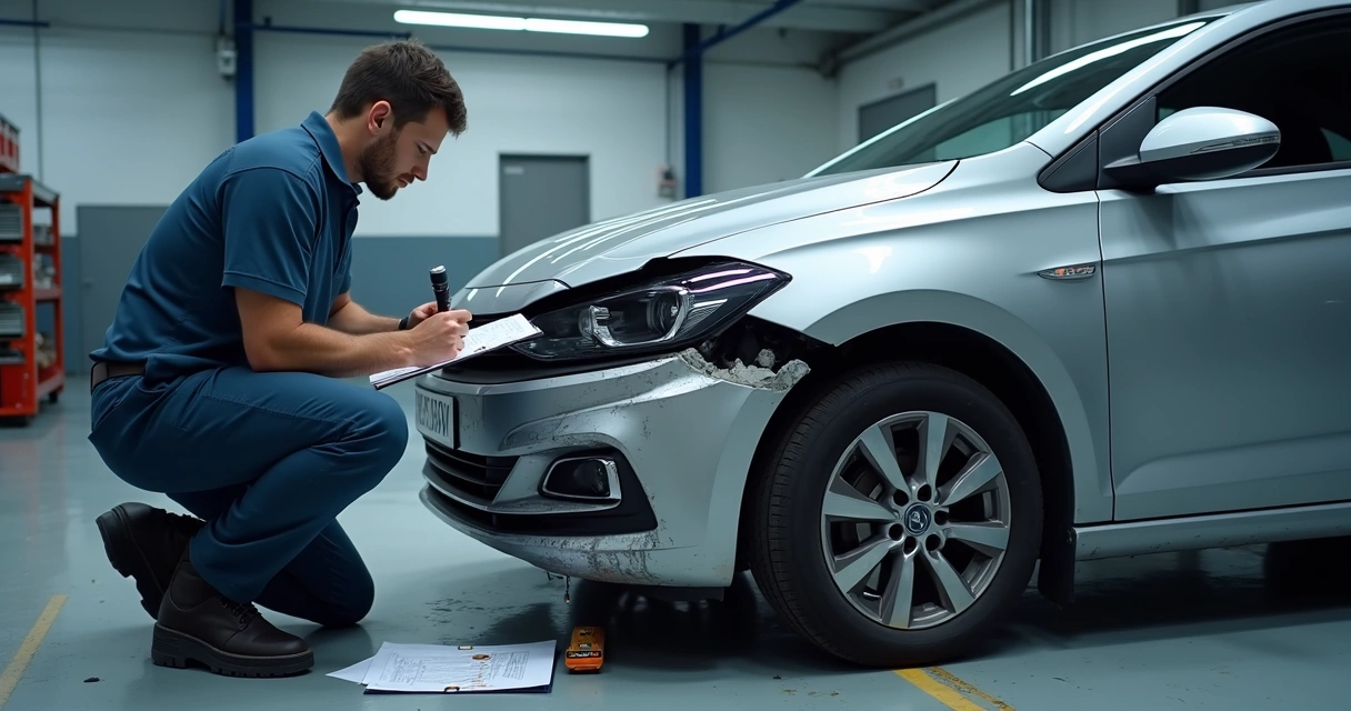 Perito examinando danos em carro acidentado