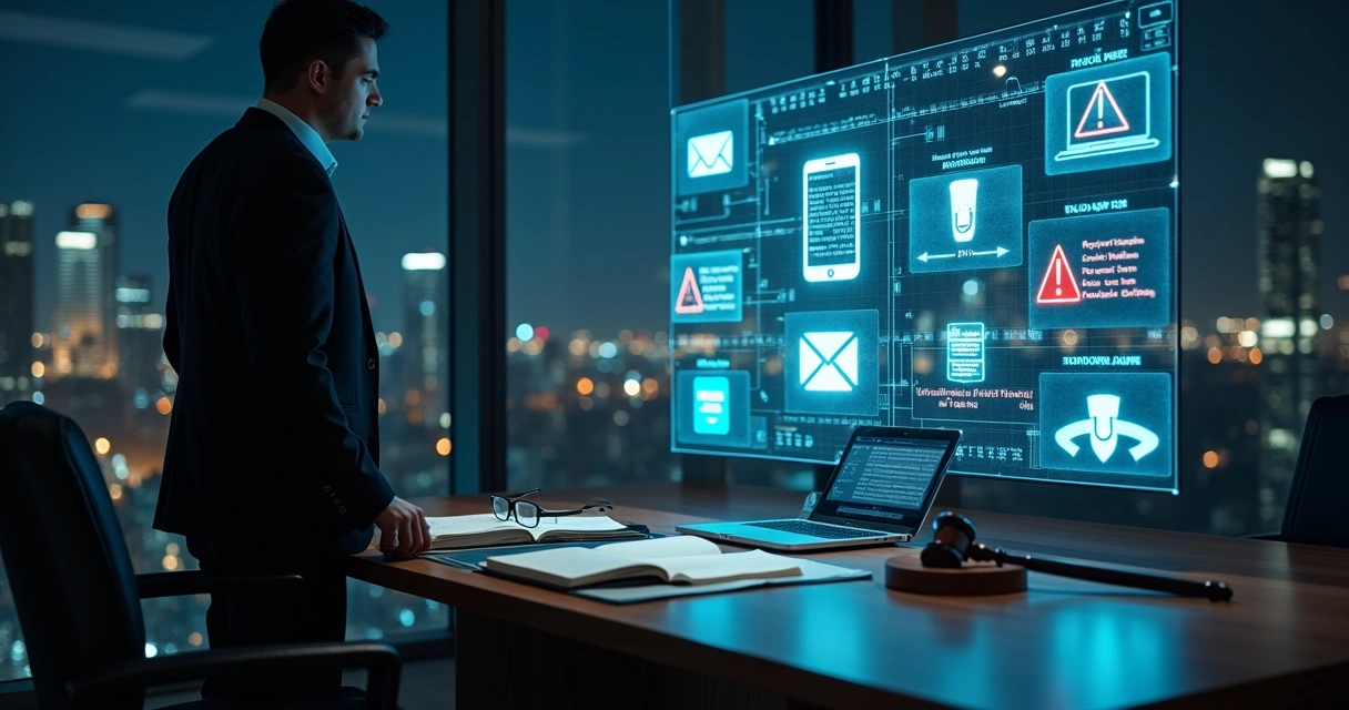 Advogado observando evidências digitais projetadas com alertas de erro 