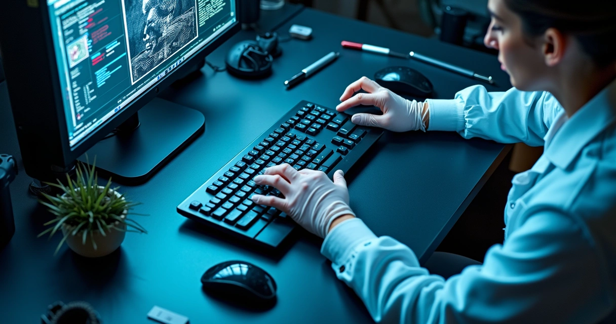 Perícia digital examinando computador em bancada técnica 