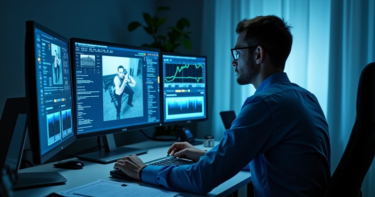 Perito digital analisando vídeo em computador com gráficos 