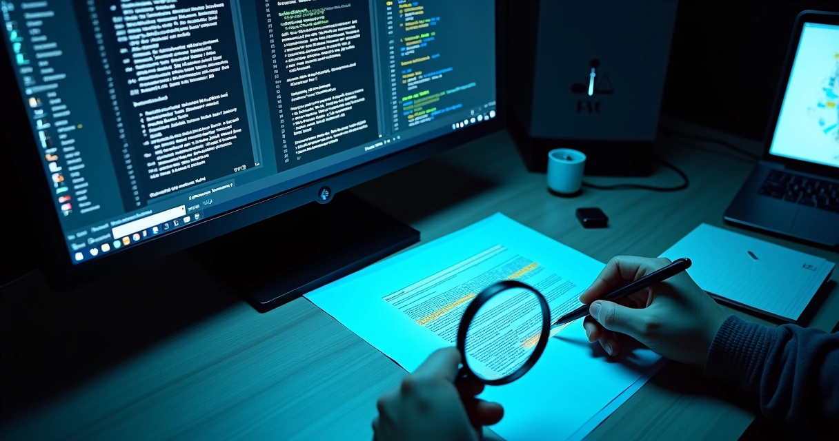 Perito digital destacando cláusula suspeita em contrato bancário na tela e cópia impressa na mesa 