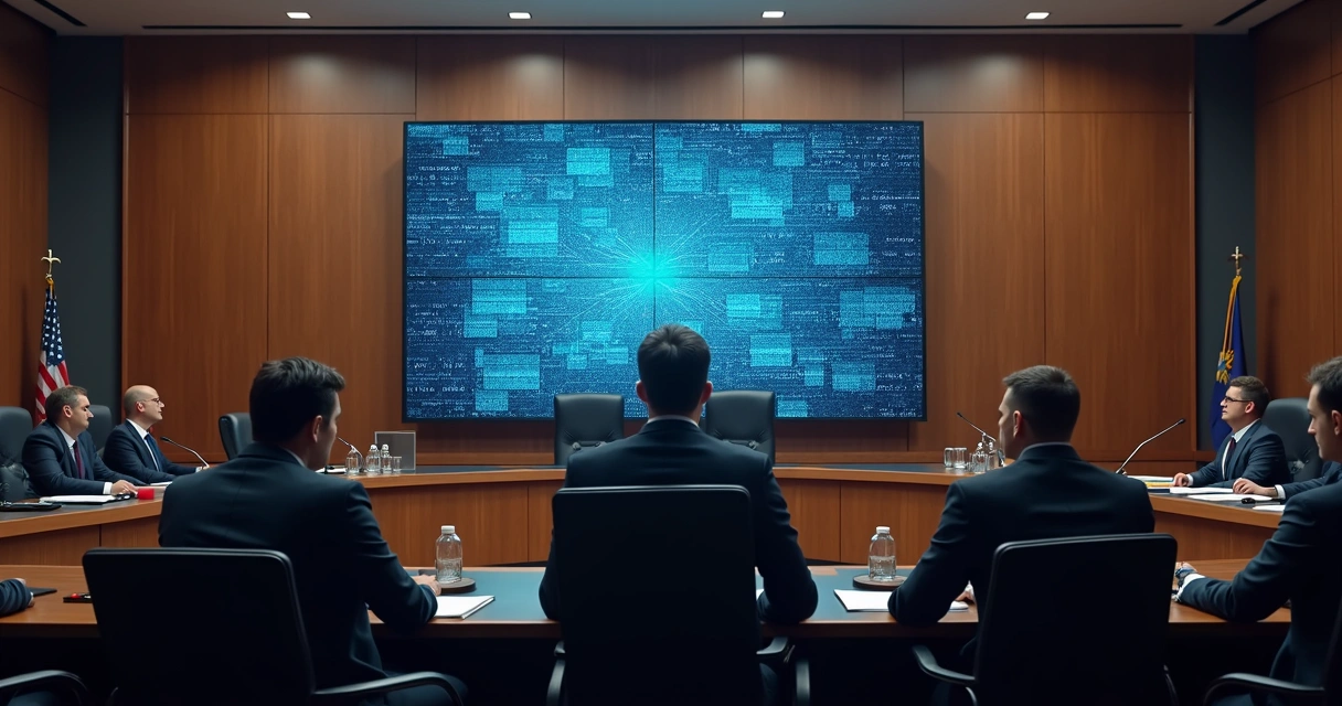 Profissional analisando provas digitais com juiz e advogados.