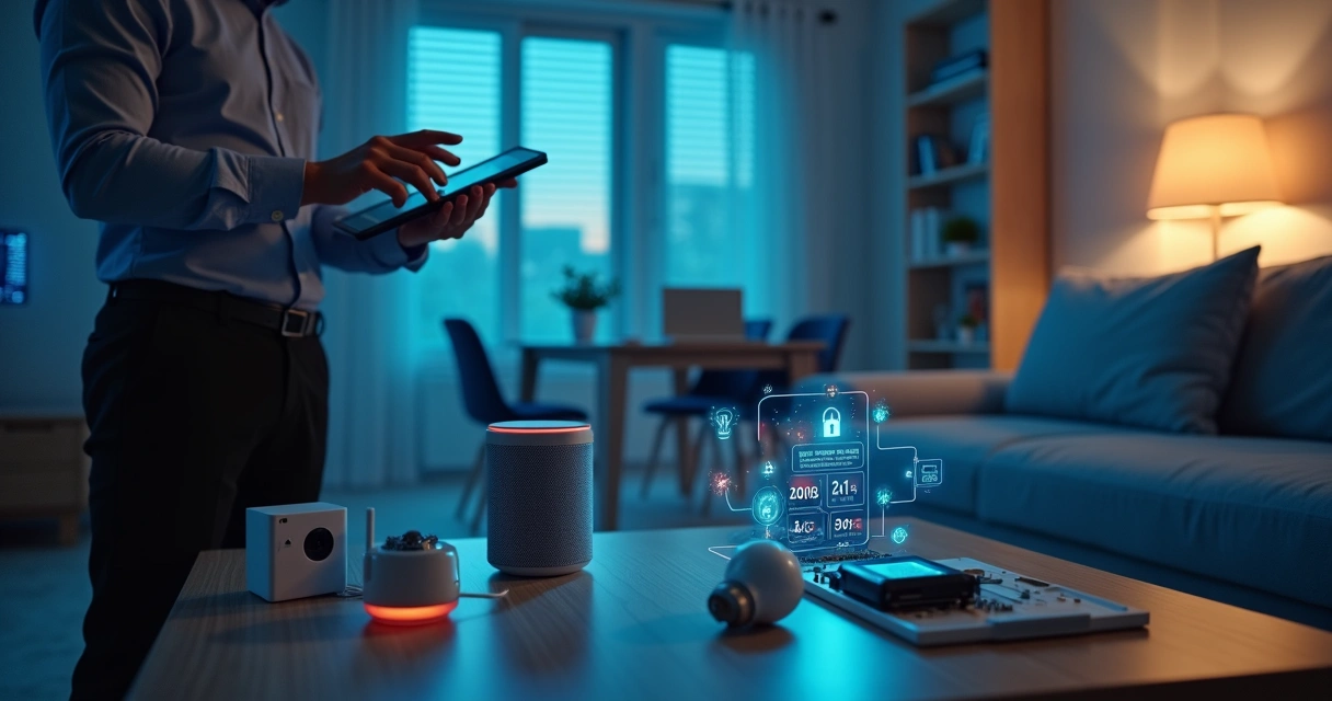 Perito digital examinando dispositivos iot em sala de estar moderna 