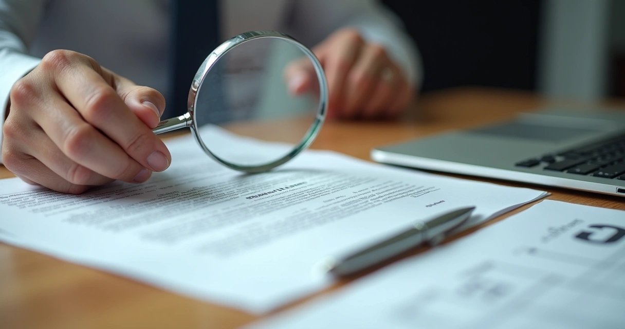 Advogado analisando contrato de permuta imobiliária com lupa, papéis e laptop.