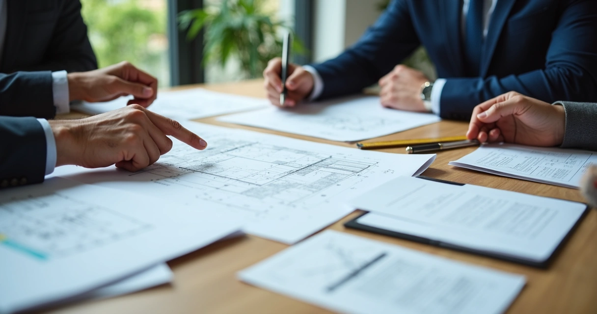 Engenheiros analisando documentação técnica em mesa 