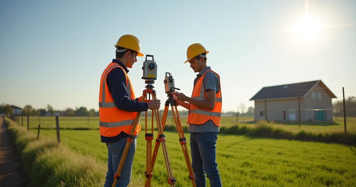 Engenheiros com equipamentos topográficos em vistoria de campo 