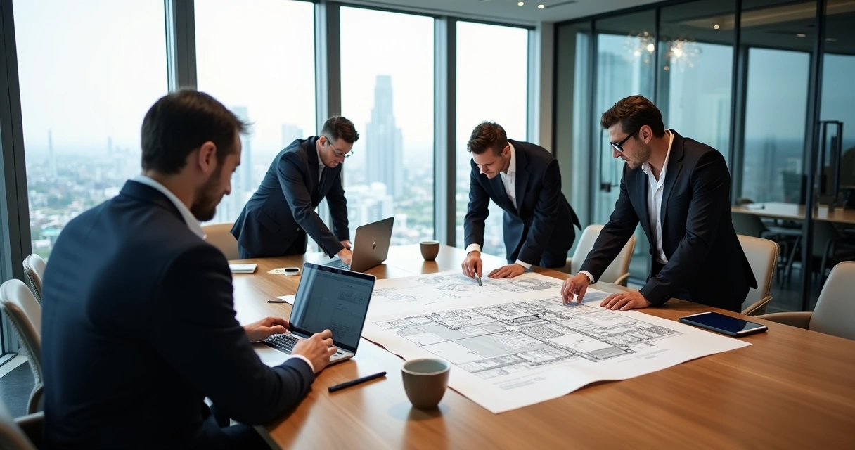 Equipe de engenheiros reunida em sala de reuniões analisando documentos de perícia técnica 