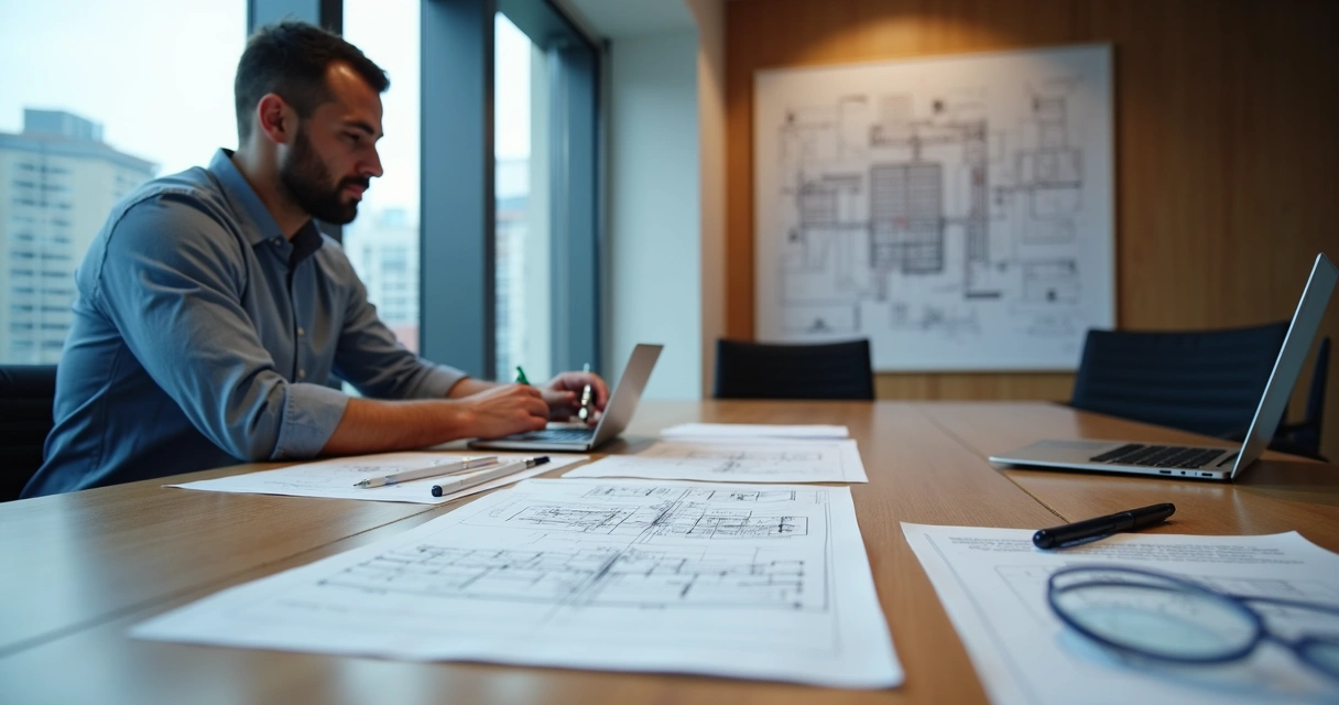 Engenheiro analisando plantas e documentos em sala de reuniões moderna 