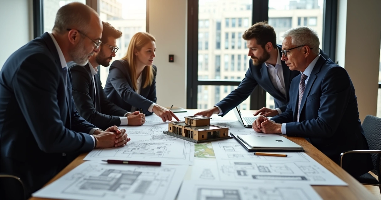 Profissionais de engenharia analisando documentos e mapas com equipamentos técnicos 