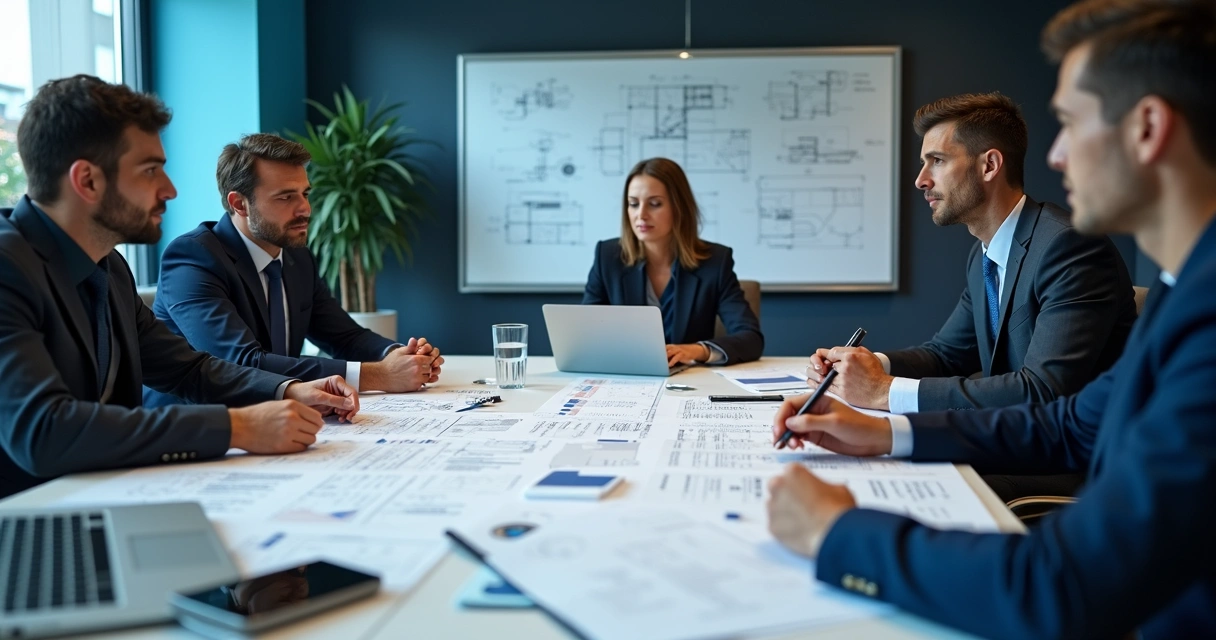 Engenheiros e advogados reunidos analisando quesitos para perícia judicial 