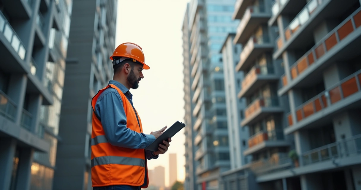 Perito de engenharia realizando inspeção em edifício com prancheta 
