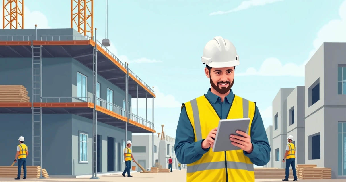 Engenheiro realizando vistoria em obra com capacete e tablet 