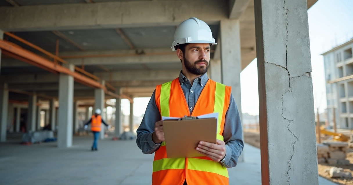 Engenheiro civil fazendo vistoria em obra com prancheta e capacete 