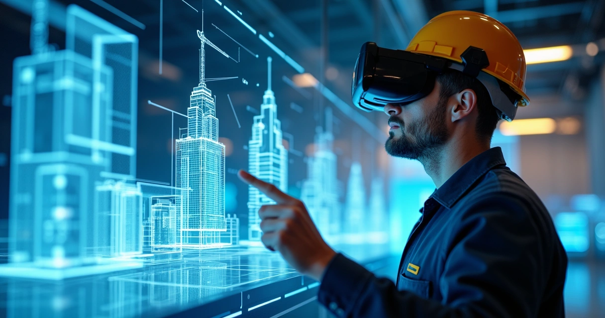 Engenheiro usando óculos de realidade aumentada em obra 