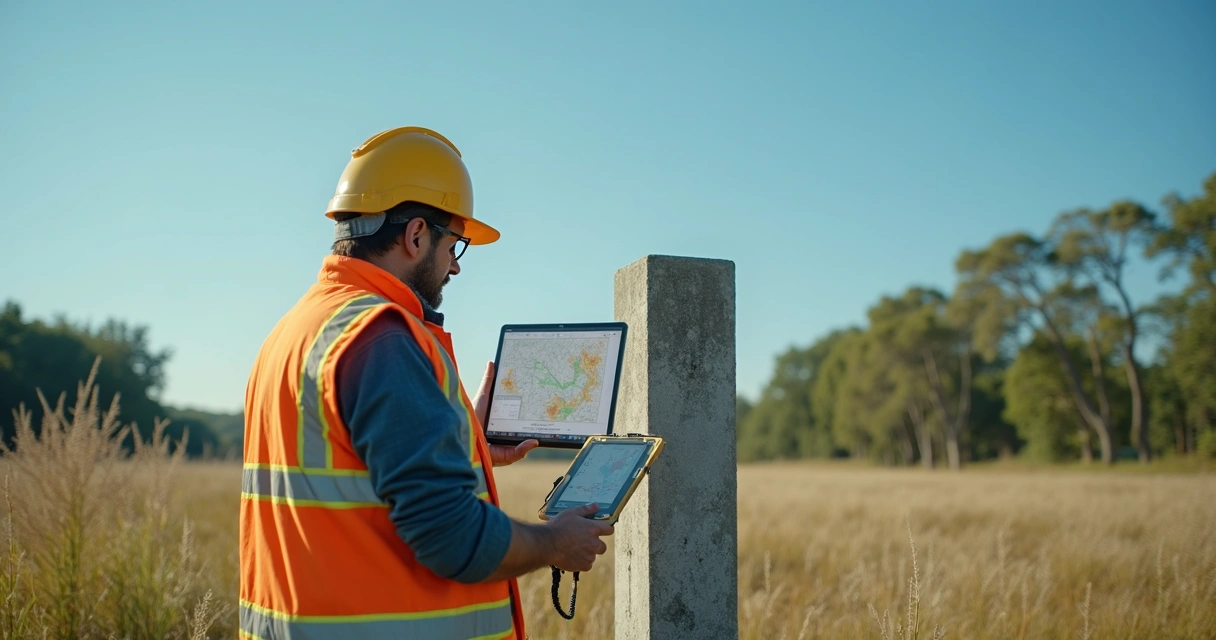 Engenheiro em campo com GPS topográfico próximo a marco de concreto 