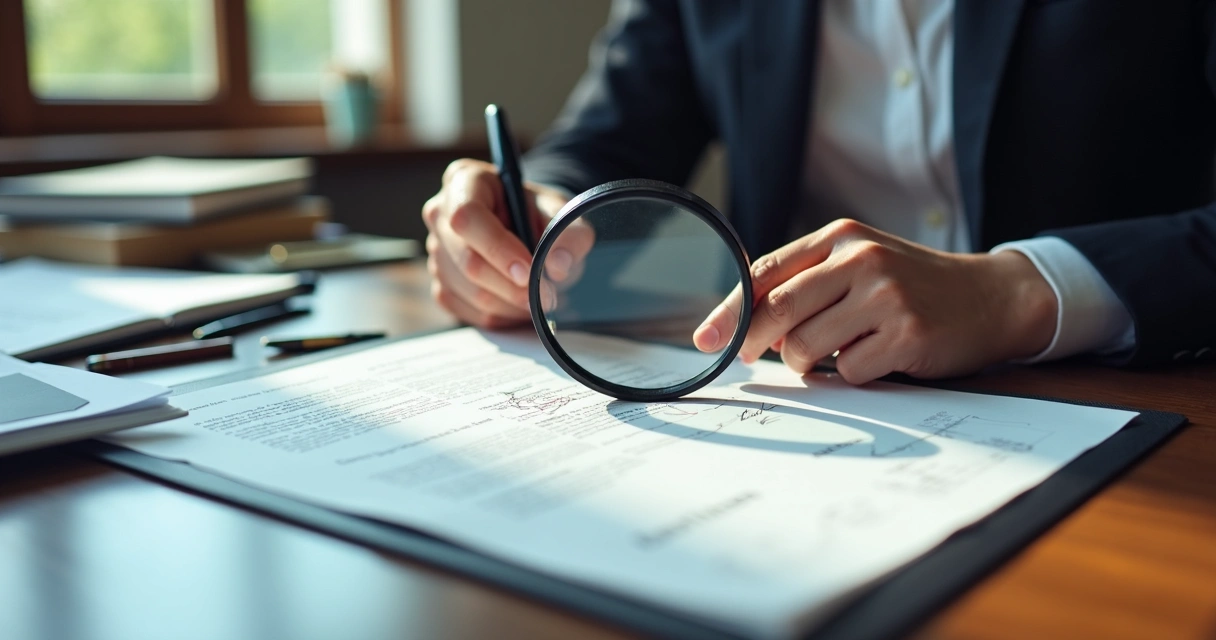 Perito analisando assinatura com lupa e laudo ao lado 