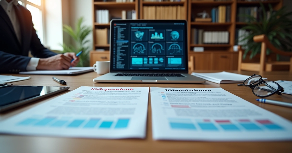 Advogado analisando dois relatórios periciais contraditórios em mesa com notebook 