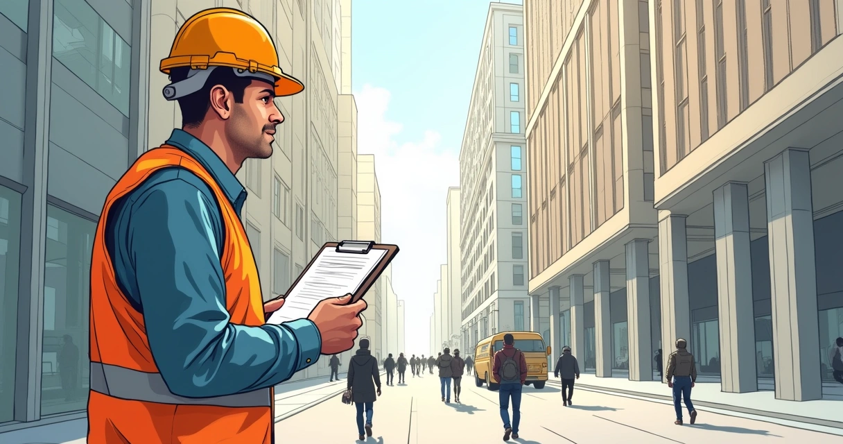 Engenheiro realizando inspeção predial em área urbana, com prancheta em mãos 