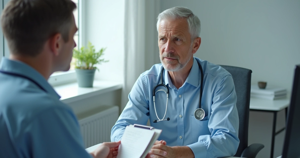 Segurado em sala de perícia do INSS relatando sintomas ao perito 