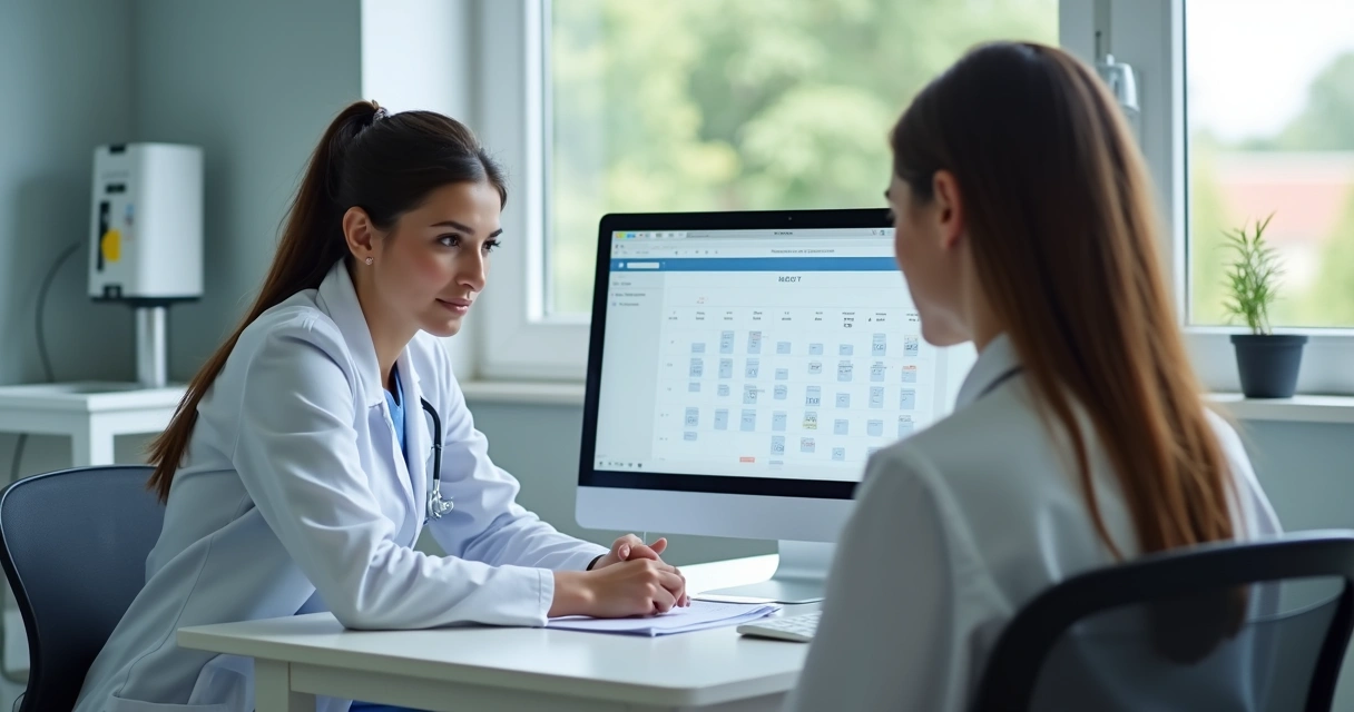 Mulher em consultório com médico analisando documentos 