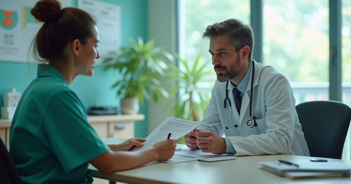 Paciente em consultório sendo avaliado por médico perito do INSS, ambos sentados e olhando exames. 