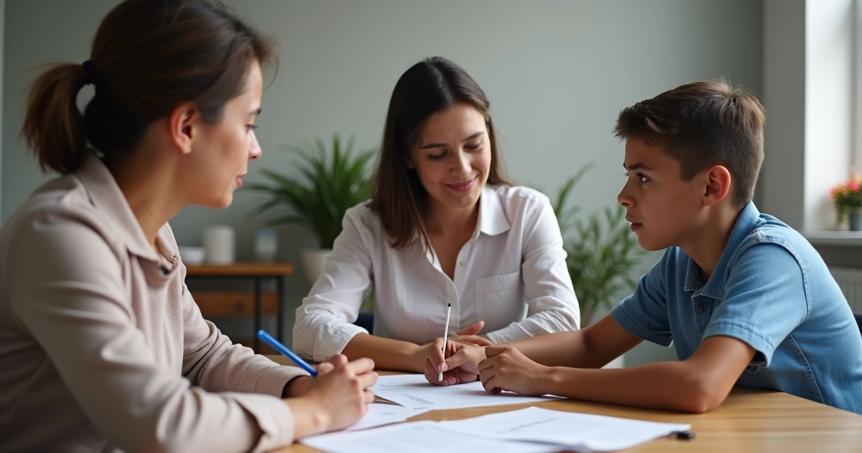 Família em consulta de perícia médica com assistente social