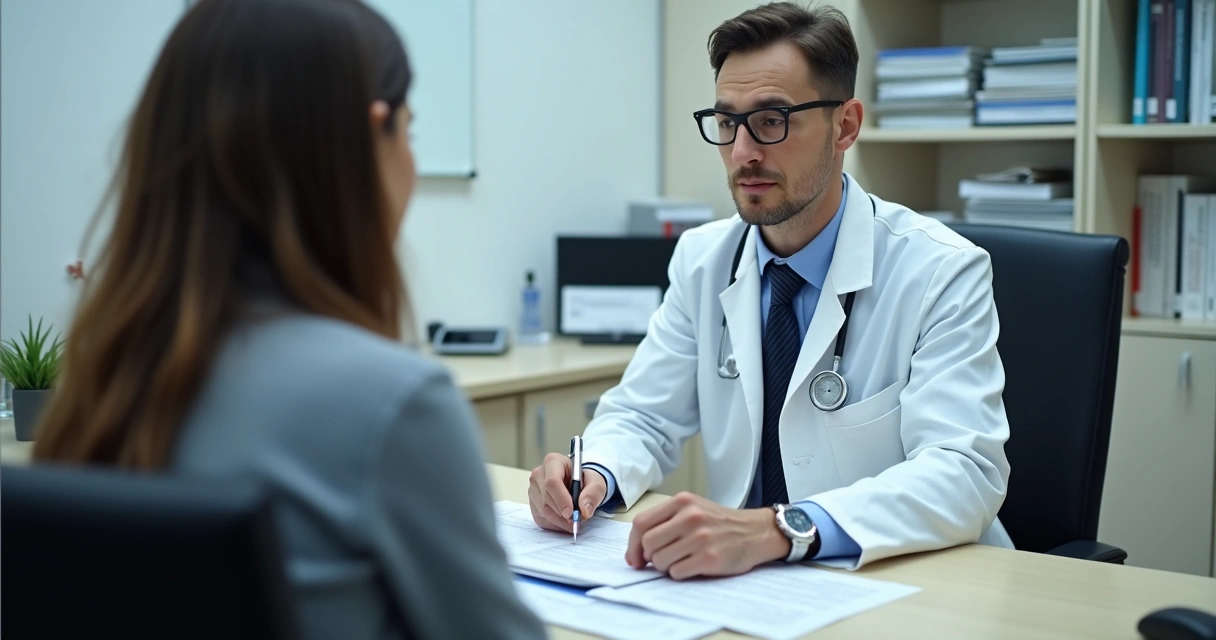 Pessoa sentada diante de um médico perito analisando documentos.