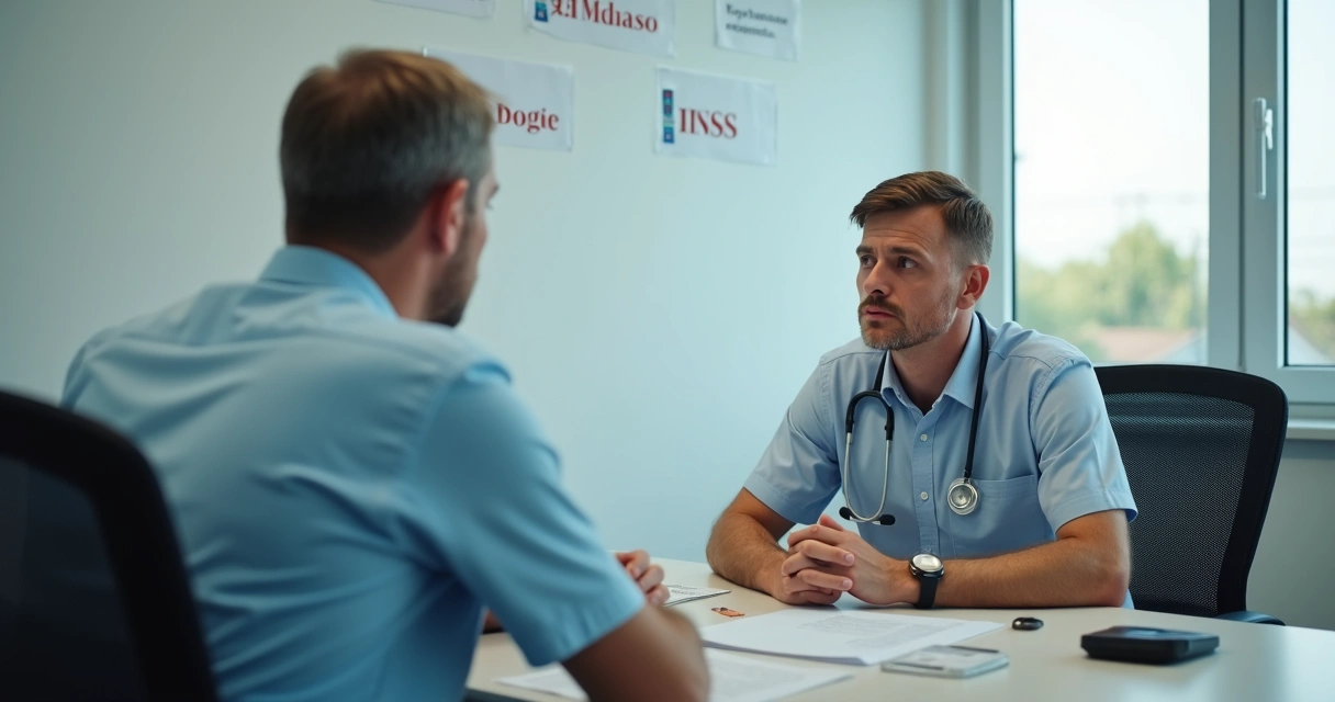 Sala do INSS com perito social conversando com paciente que aparenta sofrimento psíquico 