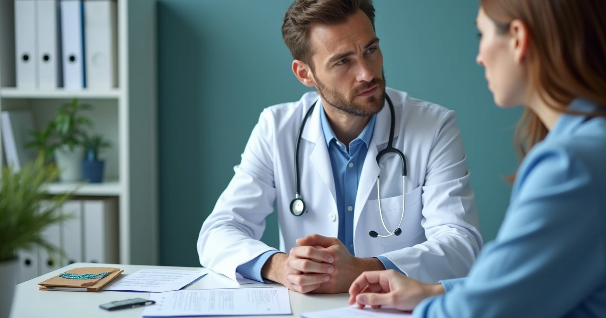 Pessoa realizando perícia médica com documentos sobre a mesa. 
