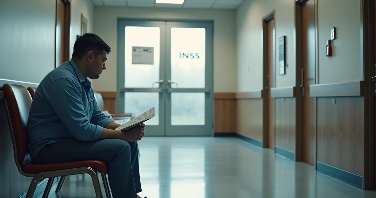 Pessoa sentada em consultório aguardando perícia médica 