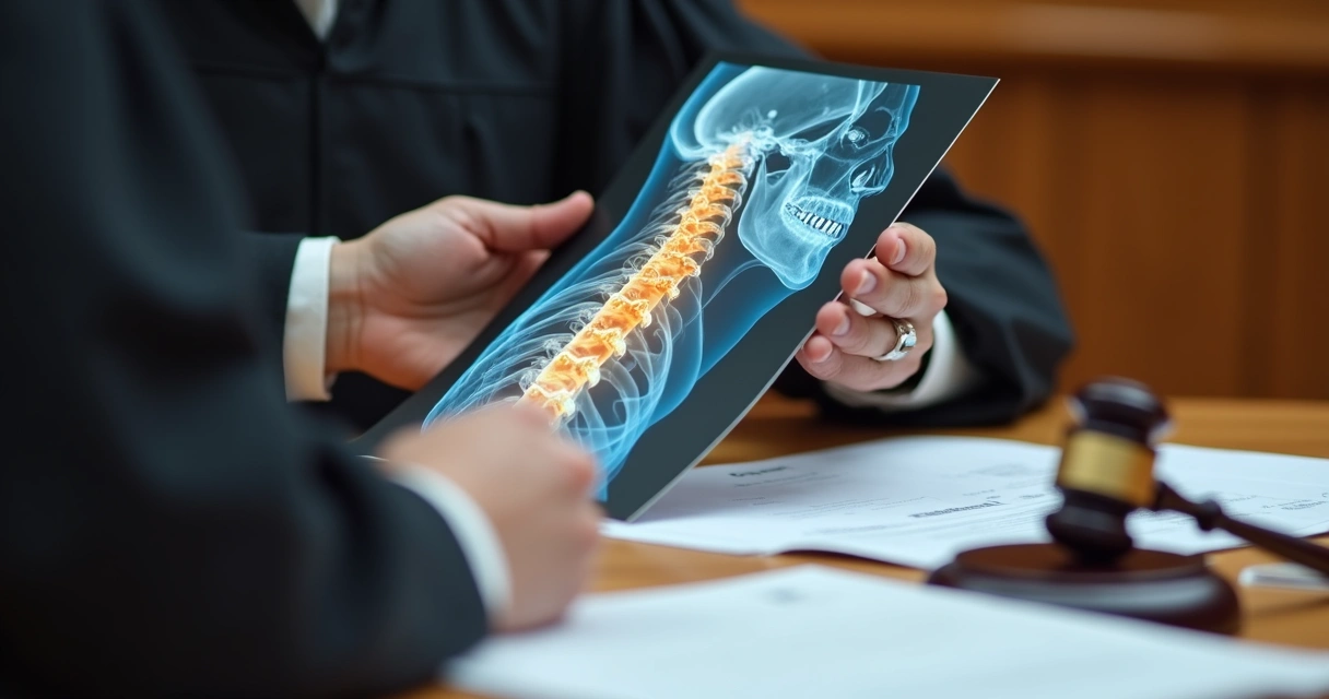 Juiz analisando laudo médico de hérnia de disco em sala de audiência, documentos na mesa 