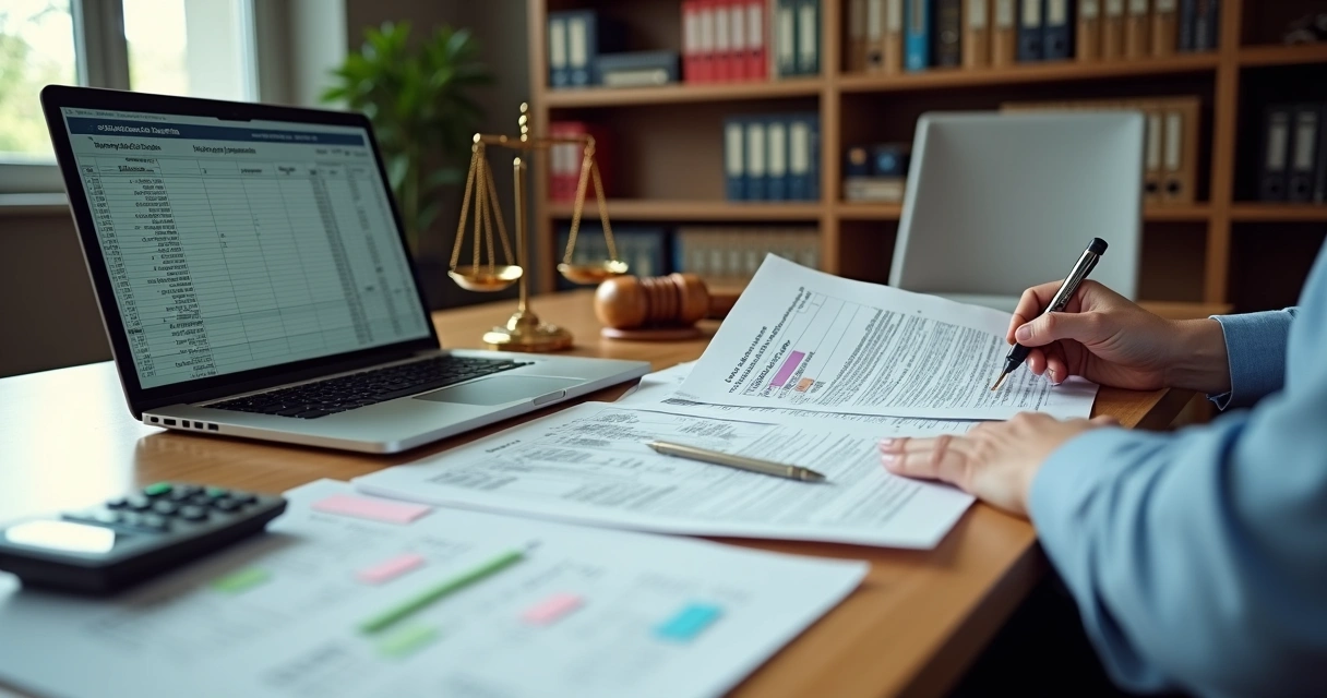 Perito trabalhista analisando cálculos de liquidação de sentença no escritório 